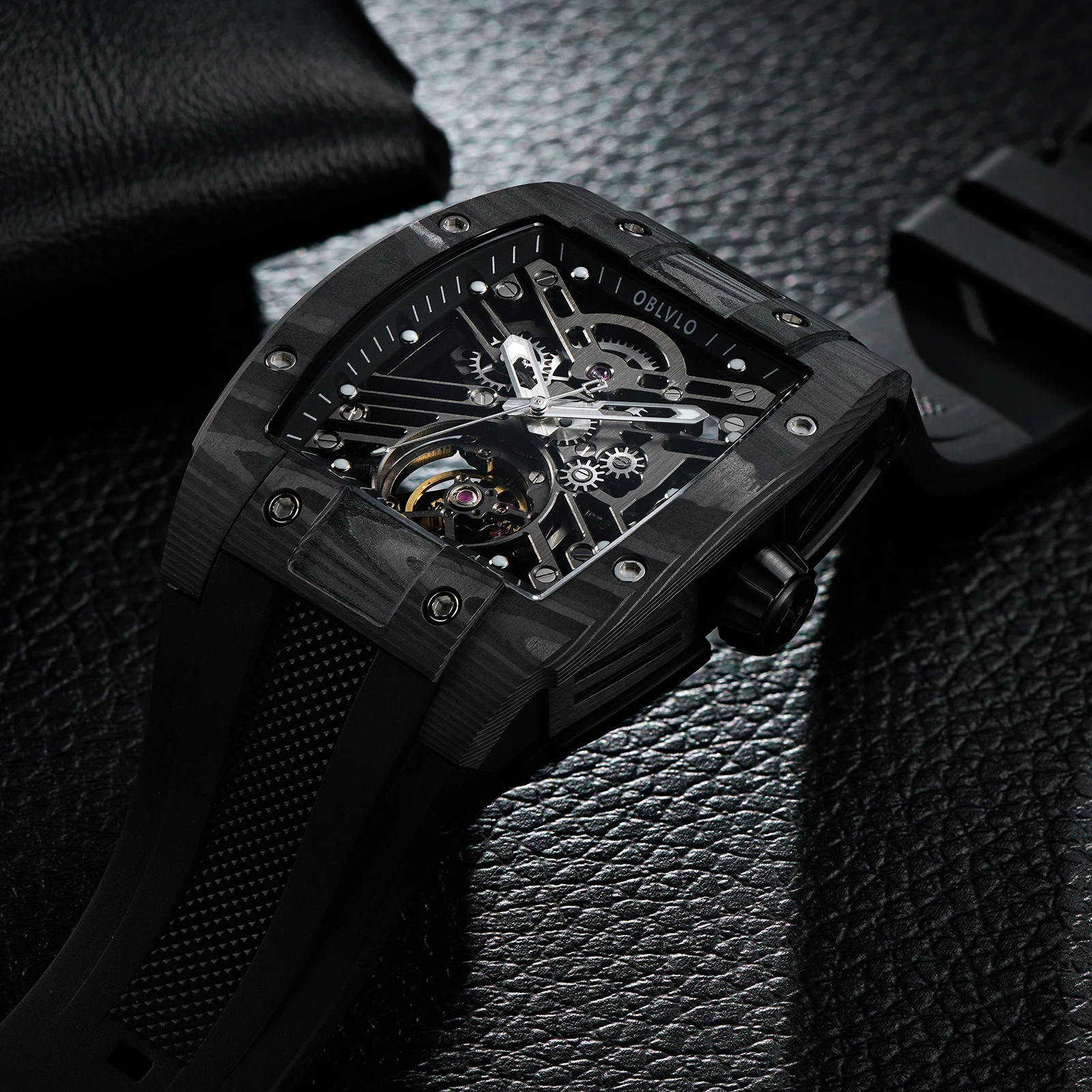 OBLVLO Top Watch Orologio sportivo di marca per uomo Orologio scheletrato quadrato Orologio meccanico automatico in acciaio Orologi con cinturino in caucciù EM-ST  1511