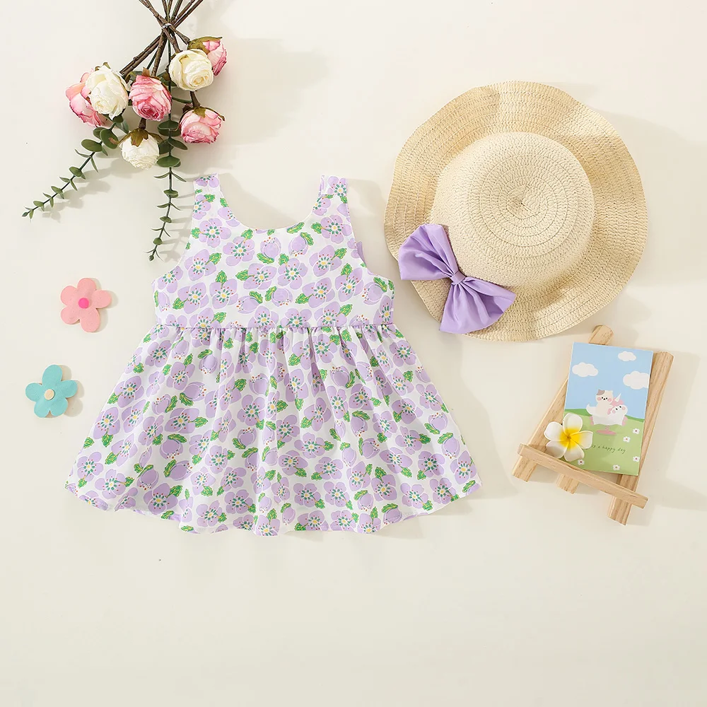 2Pcs/Set Summer children's dress with large bow at back peach blossom suspender chiffon girl's dress and straw hat Girls Dress Baby Girl Dress