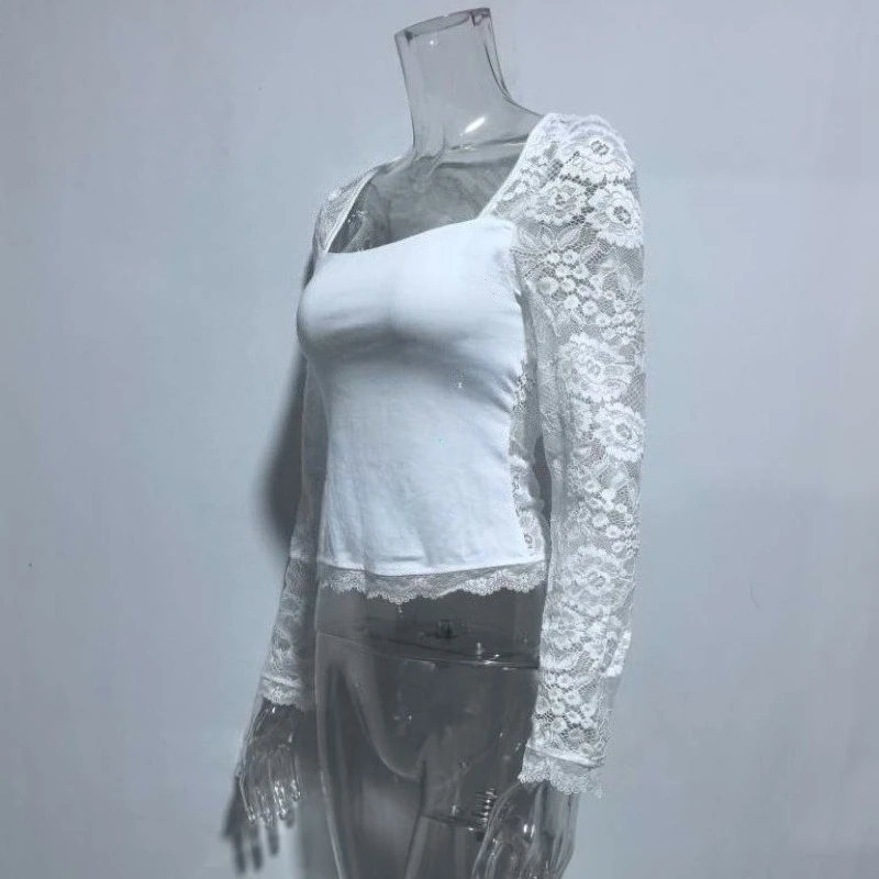Sexy Club Lace Patchwork Slim Tshirts Women Square Neck Long Sleeve Mesh Semi-see-through Elegant T-Shirt Party Club Tees