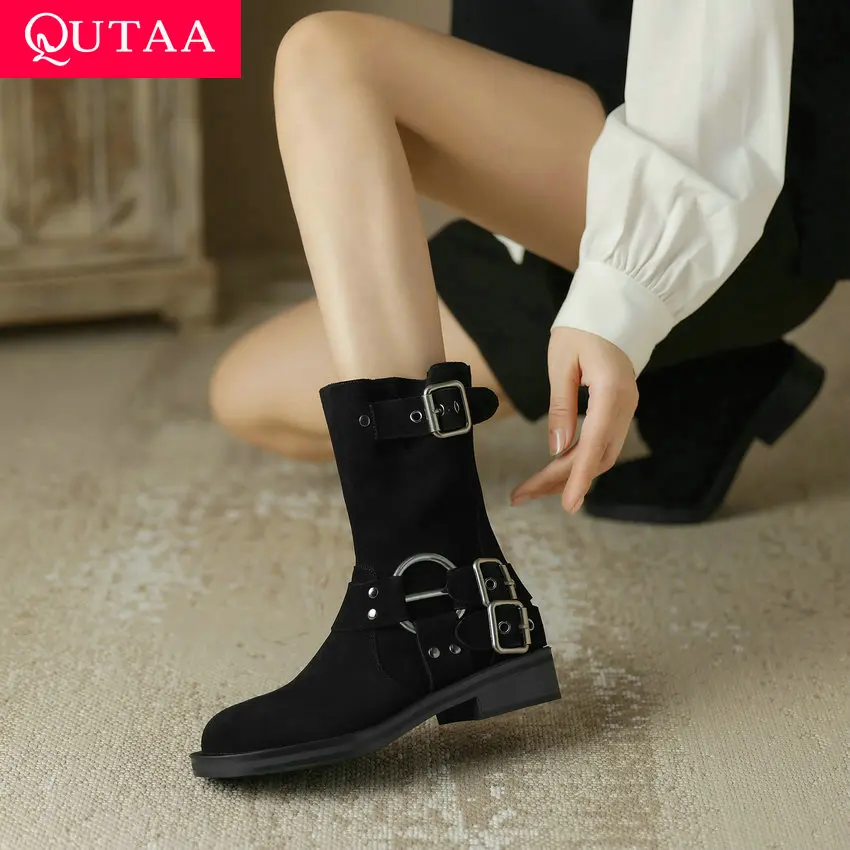 

QUTAA 2024 Women Mid-Calf Boots Cow Suede Leather Thick Med Heels Office Ladies Working Shoes Woman Autumn Winter Size 34-39