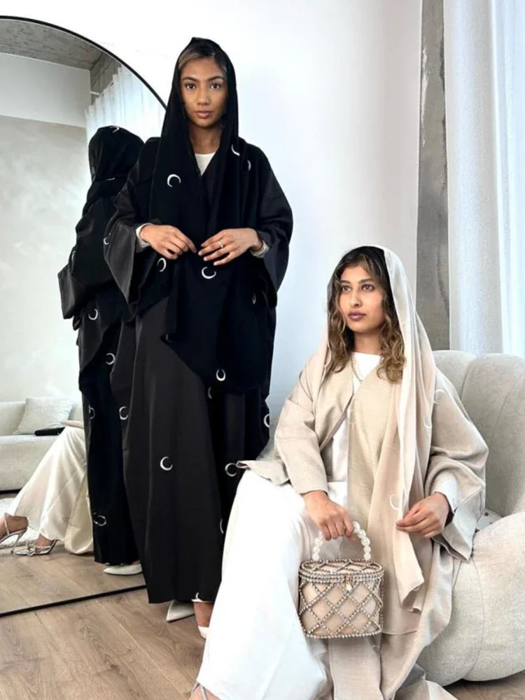Moon Embroidery Cotton Linen Abaya Kimono Muslim Hijab Dress Open Abayas for Women Dubai Luxury 2024 Islam Clothes Turkey Kaftan