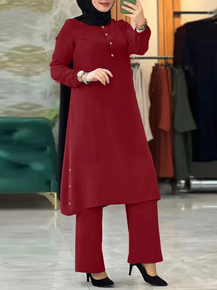 Islamic blouse and wide-legged set for Arab women, two-piece outfit, modest Ramadan clothing, belt, one-button shirt, Eid, Arabic.