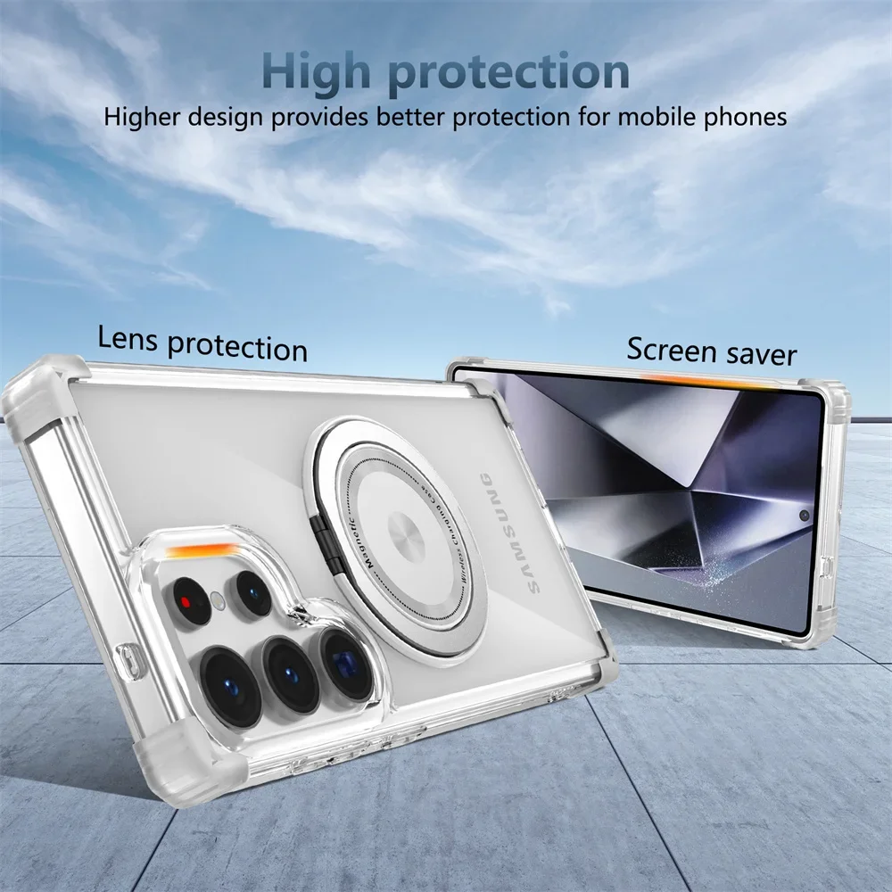 Rotating Magnetic Folding Stand Transparent Phone Case - Armor Shockproof Cover