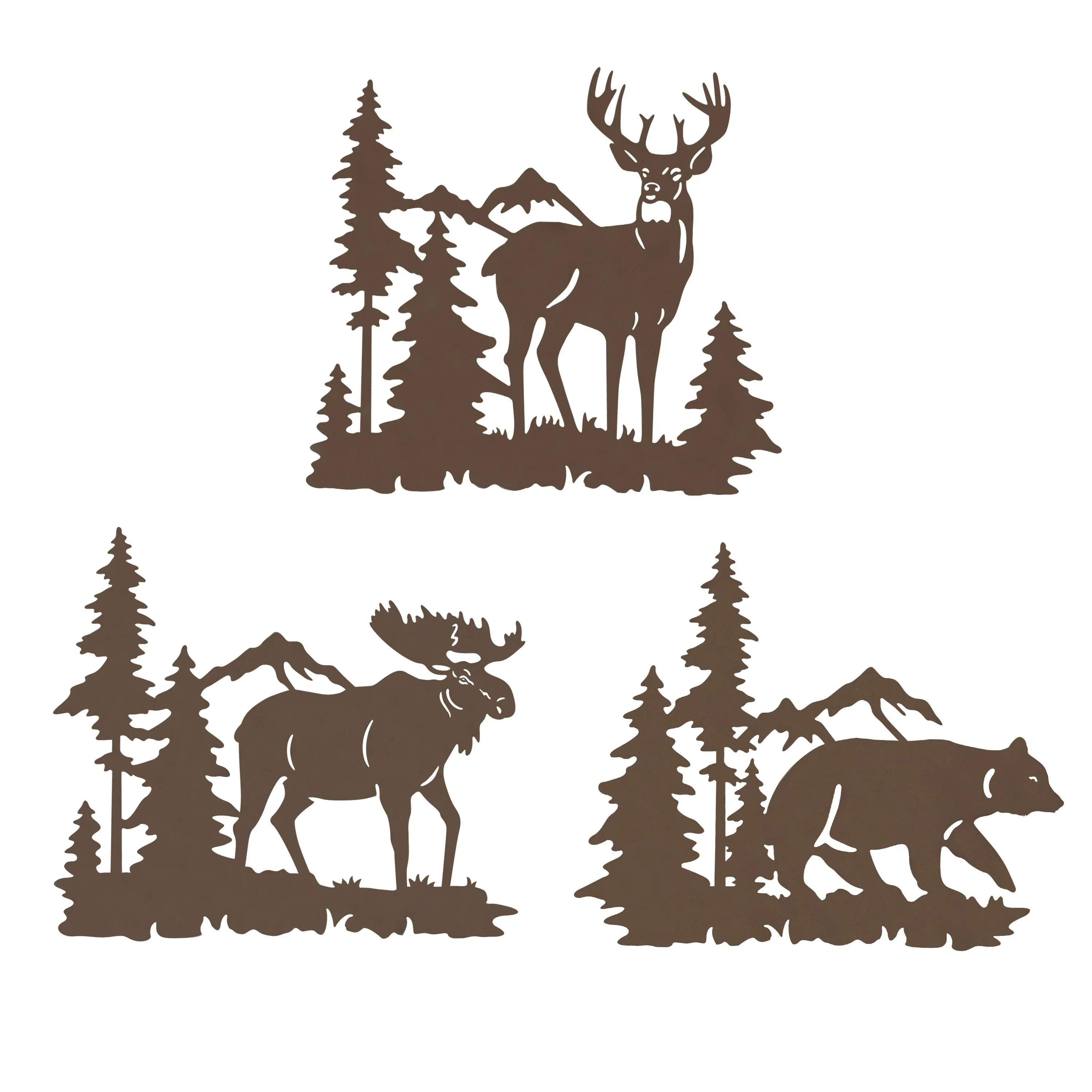 

Metal Wall Art Decor Bear Moose In The Forest Pine Tree, Set Of 3 Rustic Concise Decoration Hanging Lodge, Cabin Wall Décor