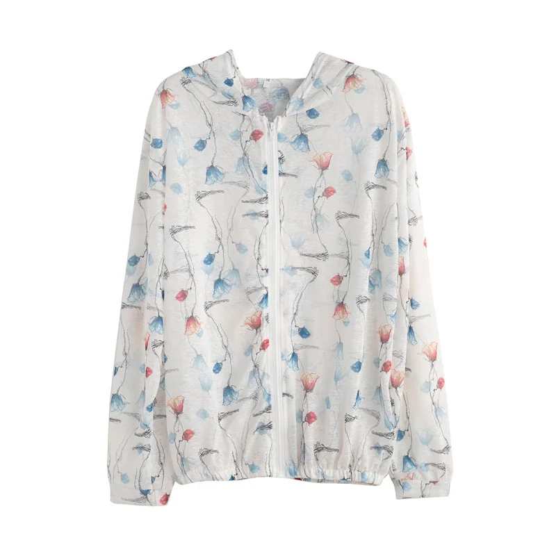 Spring Summer Clothes for Women's Hooded Zipper Plant&Flowers Printing Lantern Long Sleeve Cardigan Hoodies Coats Casual Tops