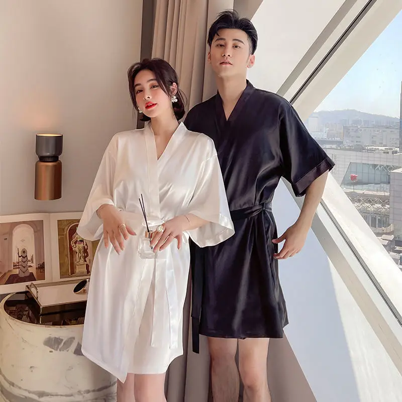 

Spring Summer Couples Nightgown Women Solid Color True Ice Silk Thin Sexy Mid-length Pajamas Large Size Men Bathrobe Home Wear