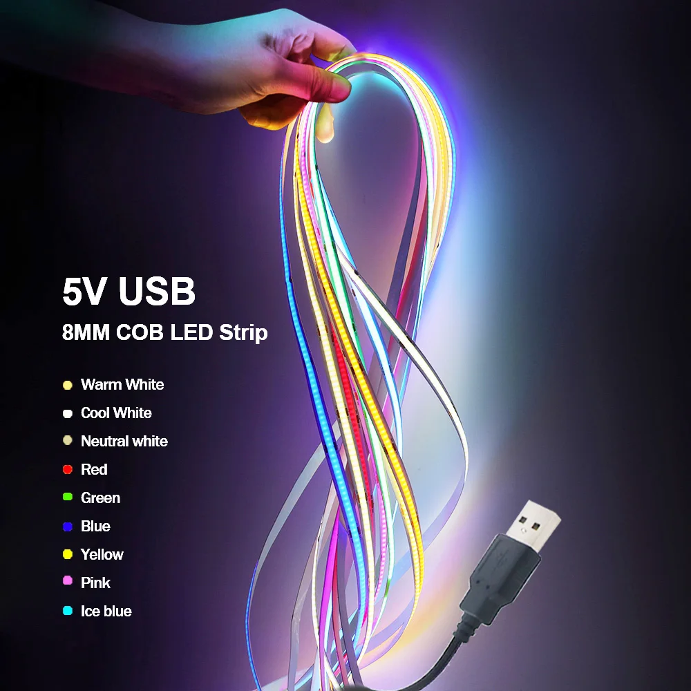 5V USB COB Led Strip Light White/Red/Green/Pink/Ice Blue/Yellow 320 Leds Flexible Ribbon DC Night Lamp TV Backlights Home Decor 2