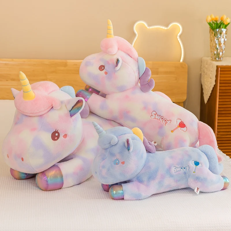 60-100cm Kawaii Unicorn Plush Long Pillow Toys Cute Animals Colorful Horse Throw Pillow Cushion Soft Doll Home Bed Room Decor 56cm catoon film anime movie evil unicorn plush stuffed toy doll model cotton hold pillow baby kids gift