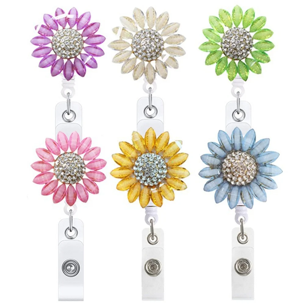 

Retractable Nurse Badge Reel Clip Holder Metal Sunflower Flower Diamond Doctor Teacher Students ID Card Holder Office Supplies