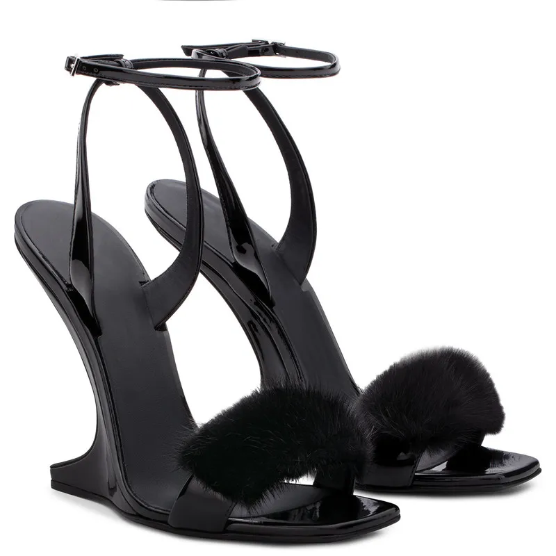 

Женские сексуальные черные норковые меховые странные раньше женские Гладиаторы с открытым носком ремешком на лодыжке праздничные туфли вечерние вырезами
