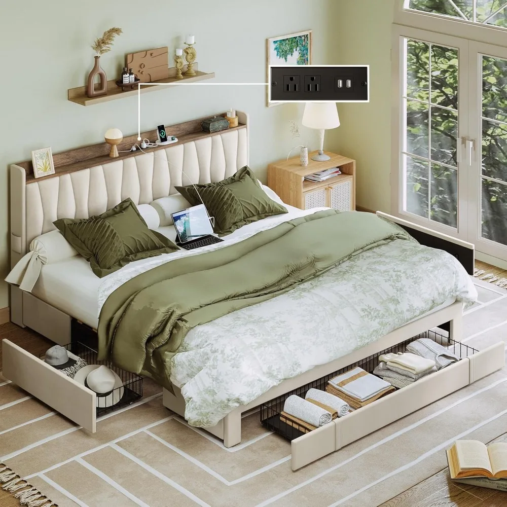 Bed Frame with Storage Headboard and Charging Station, Upholstered Platform Bed with  Drawers, No Box Spring
