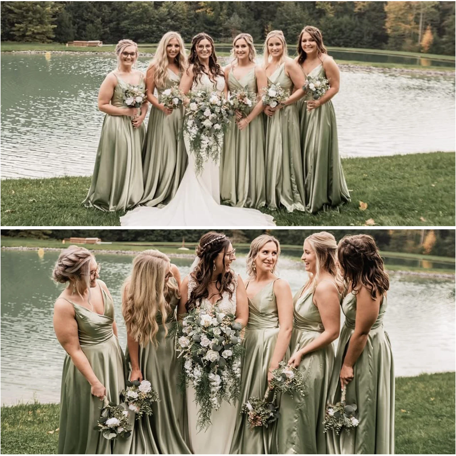 V Neck Bridesmaid Dresses Long for Women with Slit A-line Maid of Honor Dresses Satin Evening Party Gowns with Pockets