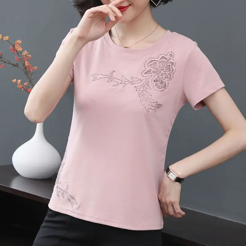 

New Summer Women's Solid O-Neck Short Sleep Loose Plus Size Hollow Out Floral Classic Pullovers Korean Fashion Casual Tops