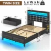 Bed Frame with Storage Headboard and 2 Drawers, Upholstered Platform Bed with Charging Station and LED Light, Noise Free 2
