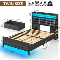 Bed Frame with Storage Headboard and 2 Drawers, Upholstered Platform Bed with Charging Station and LED Light, Noise Free 2