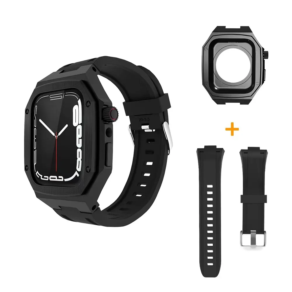Strap+Case For Apple Watch Band 45mm 44mm Metal stainless steel retrofit one-piece protective case For iWatch series 8 7 6 5 SE