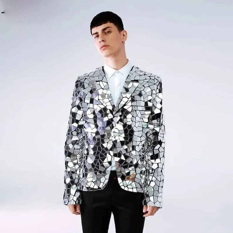 Celebrate Silver Mirror Jacket Glass Man Performance Costume Shiny Mirror Diamond Suit Coat Star Blazers
