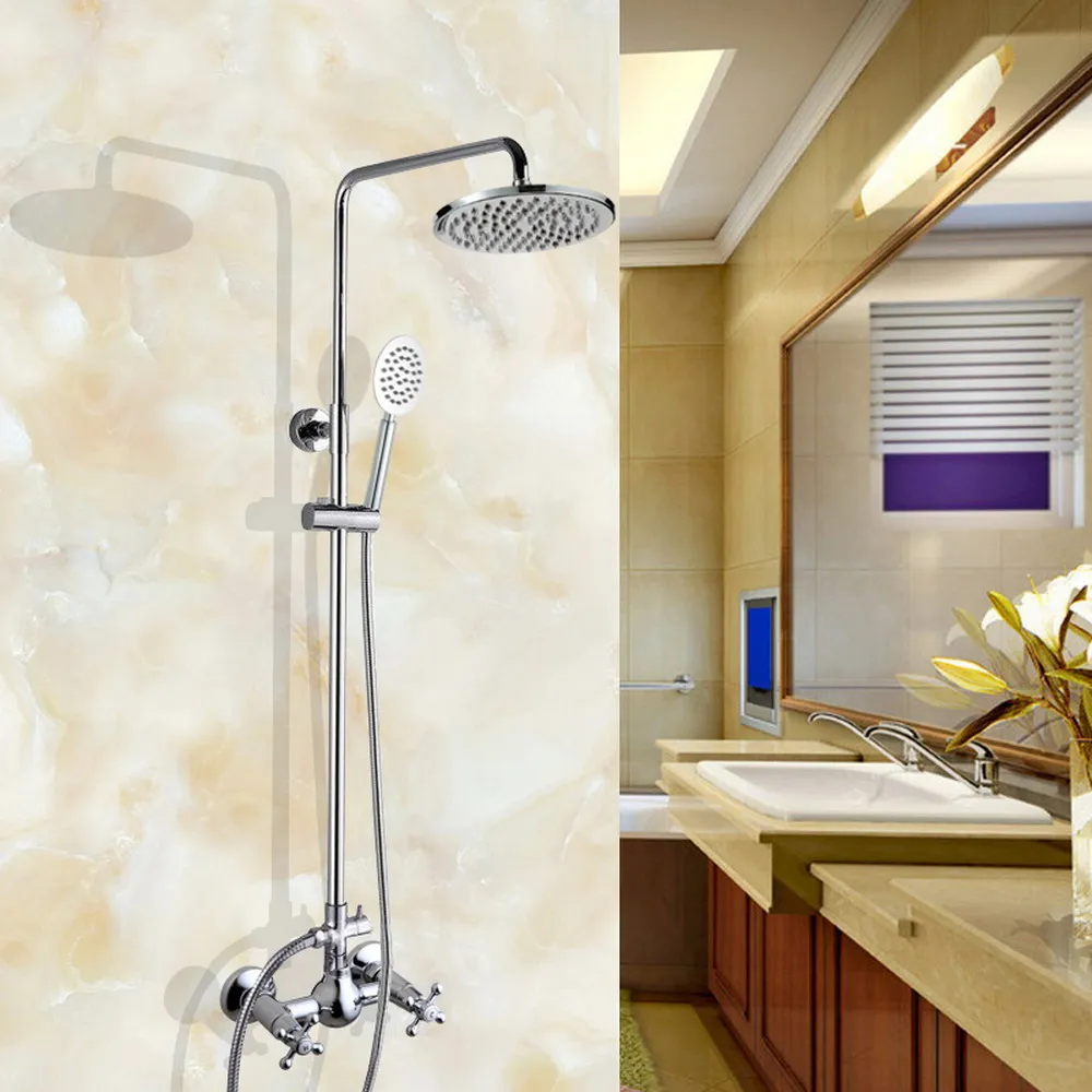 

Polished Chrome Wall Mounted Shower Set Faucet Dual Handle with Hand Sprayer Bathroom Shower Mixers 8" Rainfall zcy307