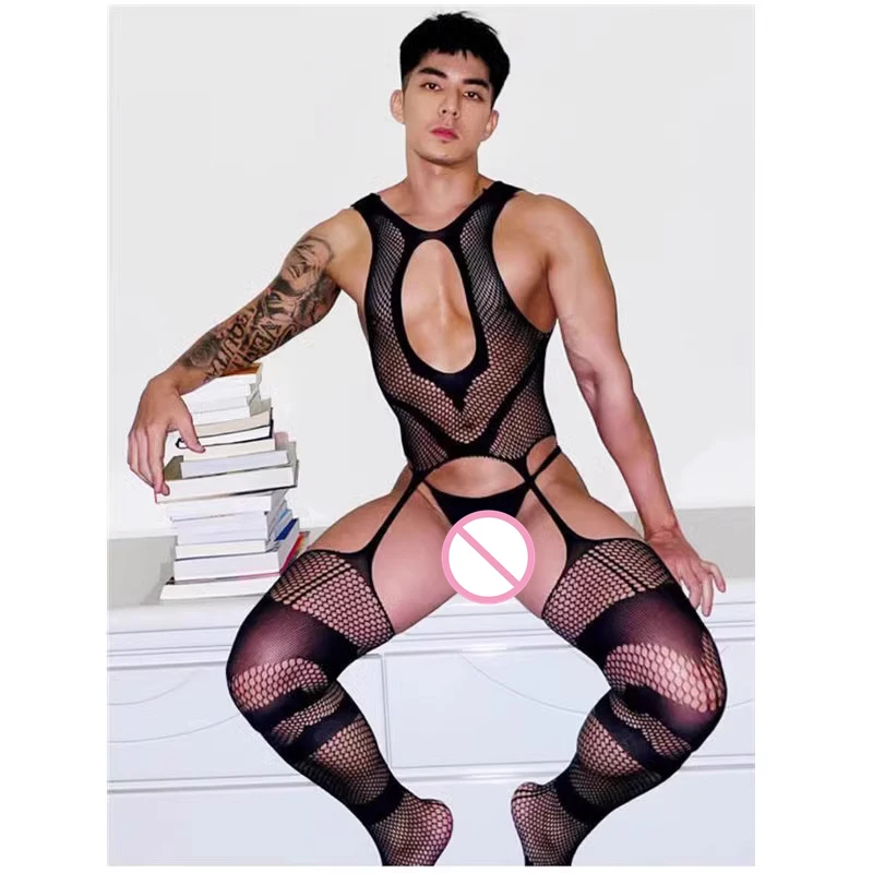 Plus Size Men's Black Sexy Lingerie Fishnet Body Stockings Male Underwear Exotic Lingerie for Man Open Crotch Transparent Tights