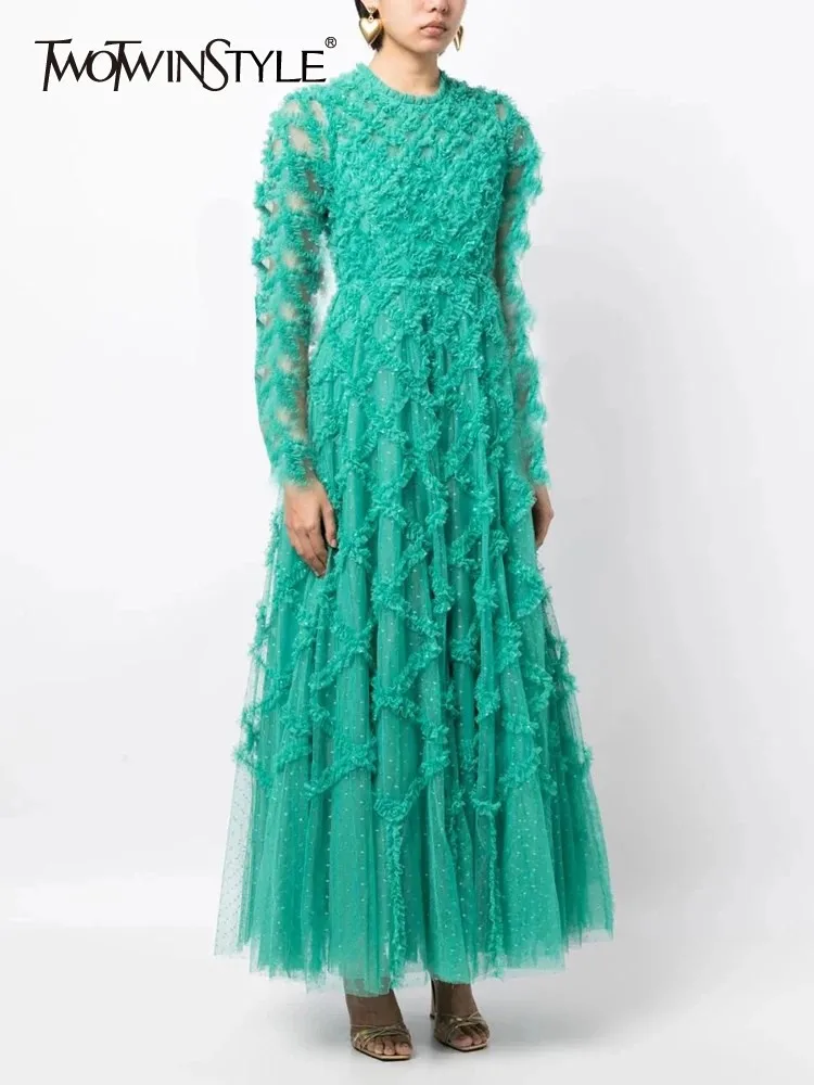 

TWOTWINSTYLE Patchwork Mesh Dresses For Women Round Neck Long Sleeve High Waist A Line Solid Elegant Dress Female Fashion 2023