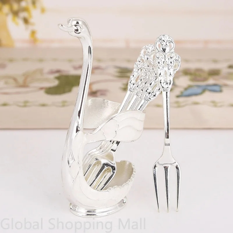 Creative Dinnerware Set Decorative Swan Base Holder 6 Spoons or Folks for Coffee Fruit Dessert Stirring Mixing cutlery set western style cutlery set picnic cutlery set