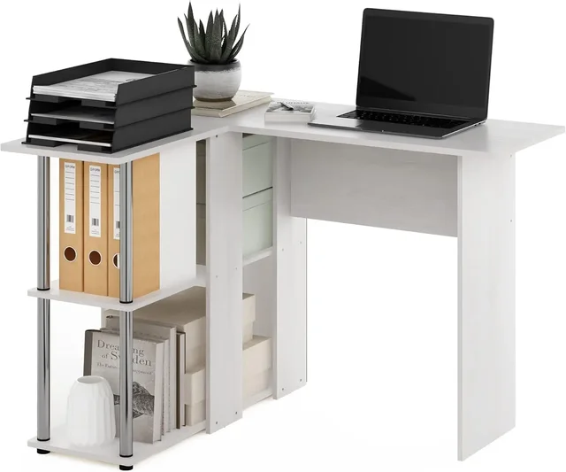 L-Shape Desk with Bookshelf, Engineered Wood, White Oak/Chrome, 104.5 (W) x 73.51 (H) x 87.5 (D) cm