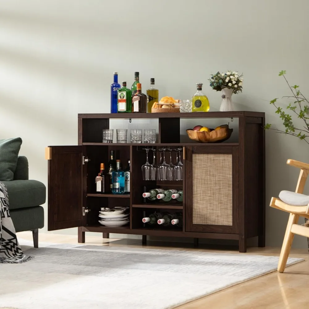 Rattan Coffee Bar Cabinet, 51" Sideboard Buffet Cabinet with Storage, Farmhouse Liquor Cabinet with Wine Racks Credenza Console