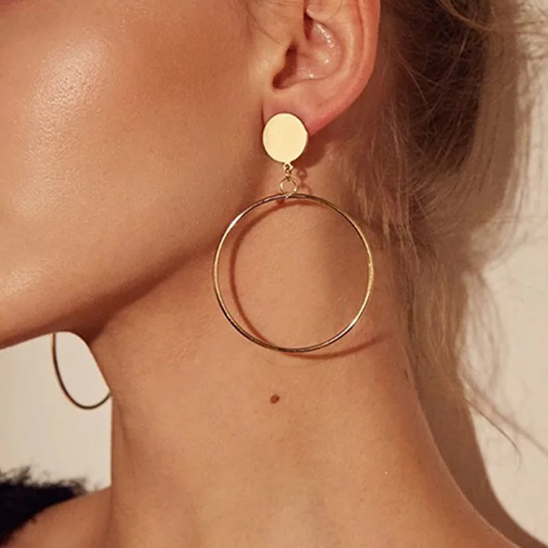 Fashion Round Dangle Korean Drop Earrings for Women Geometric Round Heart Gold Color Earring Trend Wedding Jewelry