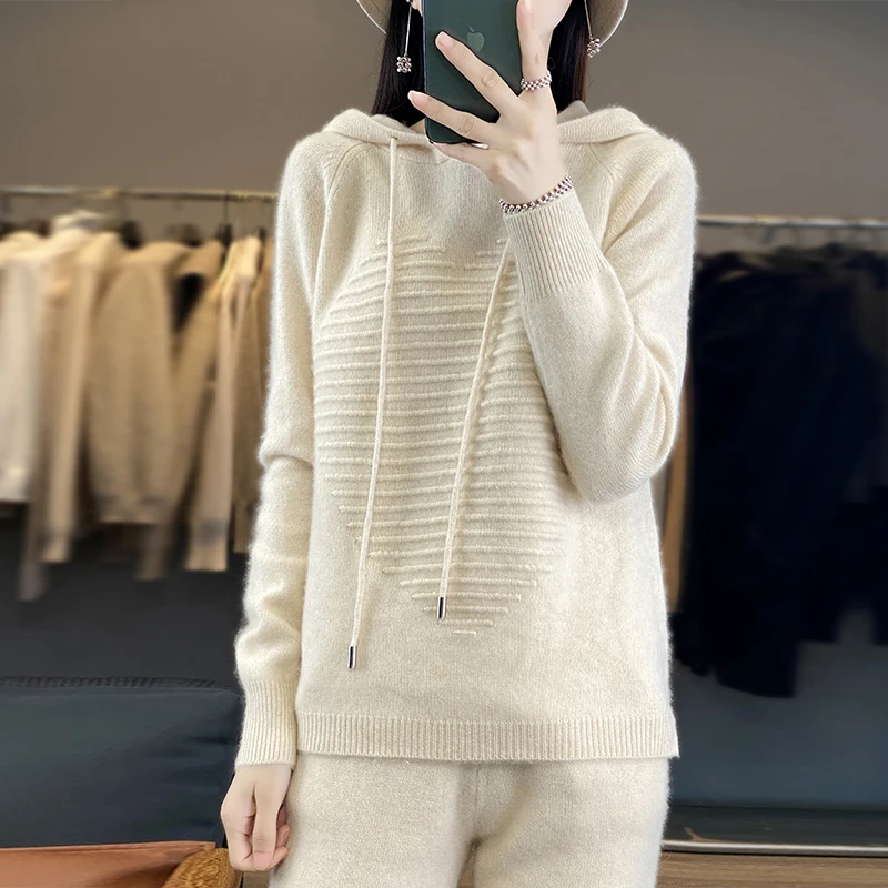 Fashion Suit Autumn Winter 100% Merino Wool Knitted High Quality Sweater Women Tops And Sports Pants Two-Piece Female Girl Cloth 6