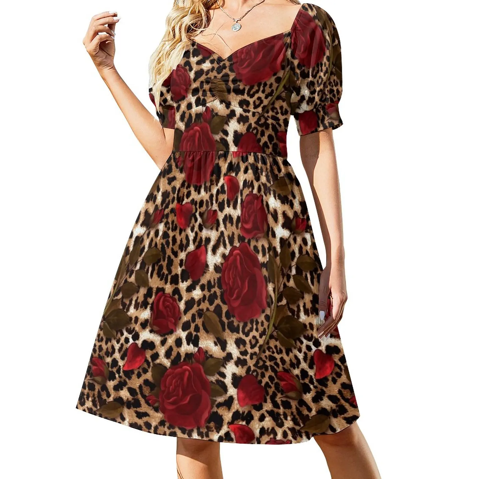Vestido con estampado de leopardo y rosas, vestido de verano con falda para mujer