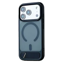 Luxury Alloy Bracket MagSafe Phone Case with Magnetic Wireless Charging and Shockproof PC Cover - iPhone 15 (Black)