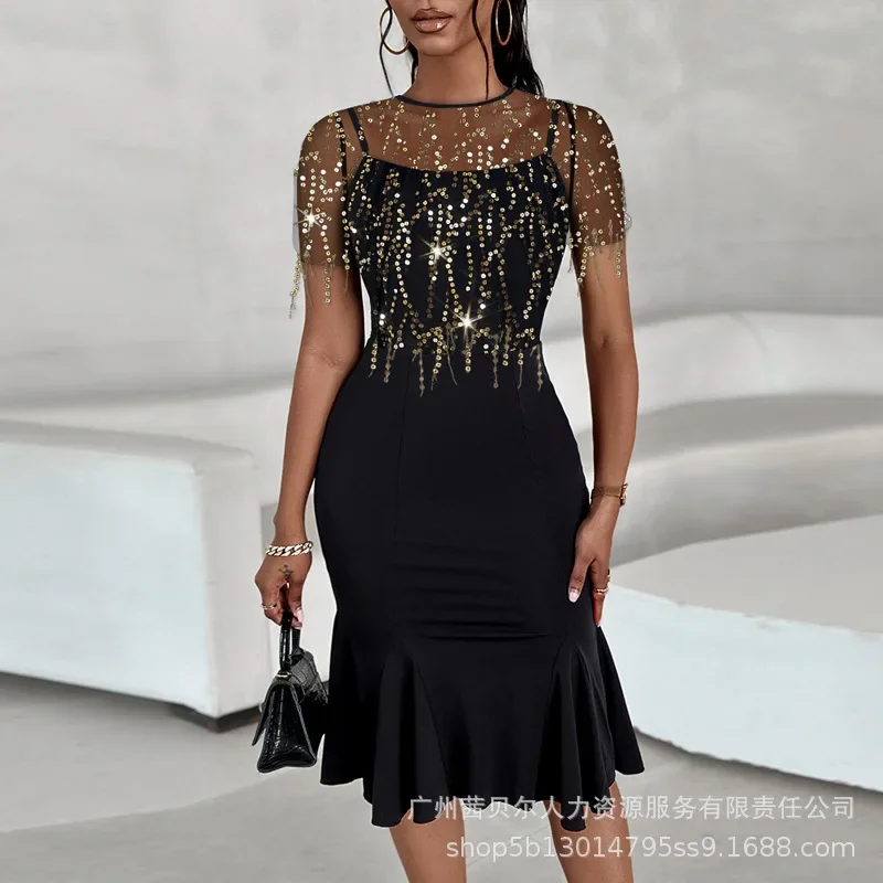 

Y2K Elegant Short Sleeve High Waist Corset Ruffle Bodycon Party Evening Dress Women Sequin Tassel Sheer Mesh Patch Work Dress