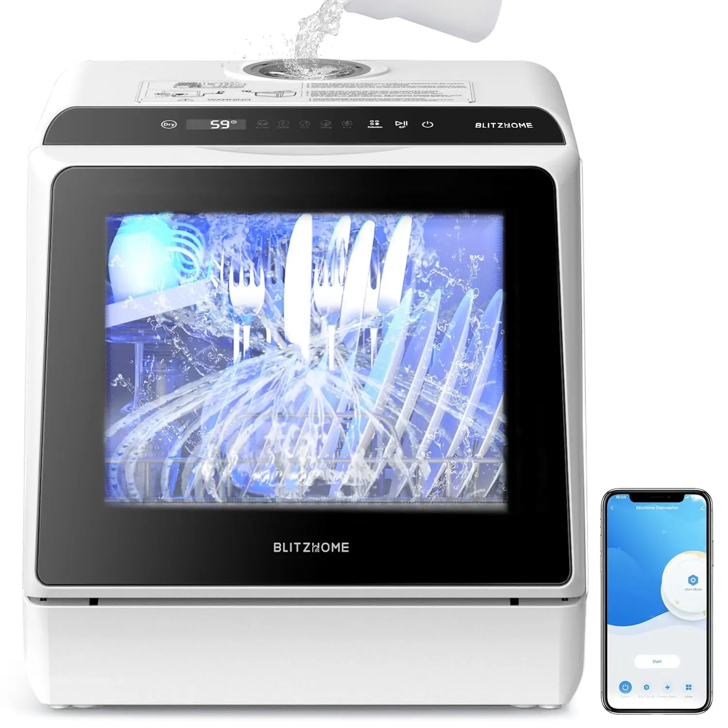 Portable Dishwasher Countertop, WIFI Smart Dishwasher, Compact Dishwashers with 5L Built-in Water Tank, 6 Programs, 360&deg; Dual