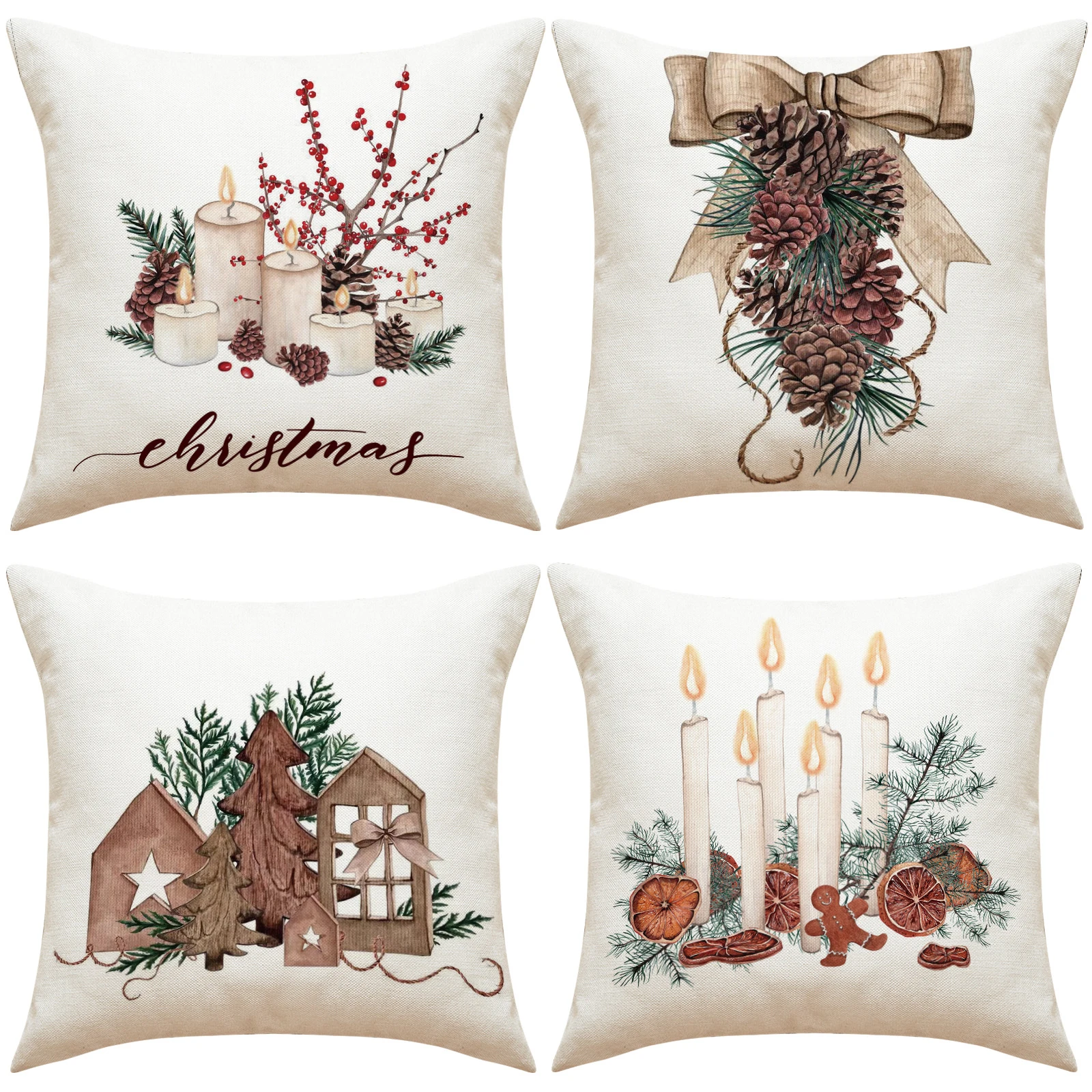 

4pcs/pack Christmas Pillowcase Pine Cone Candlestick Linen Print Cushion Cover Sofa Living Room Bedroom Cushion Cover