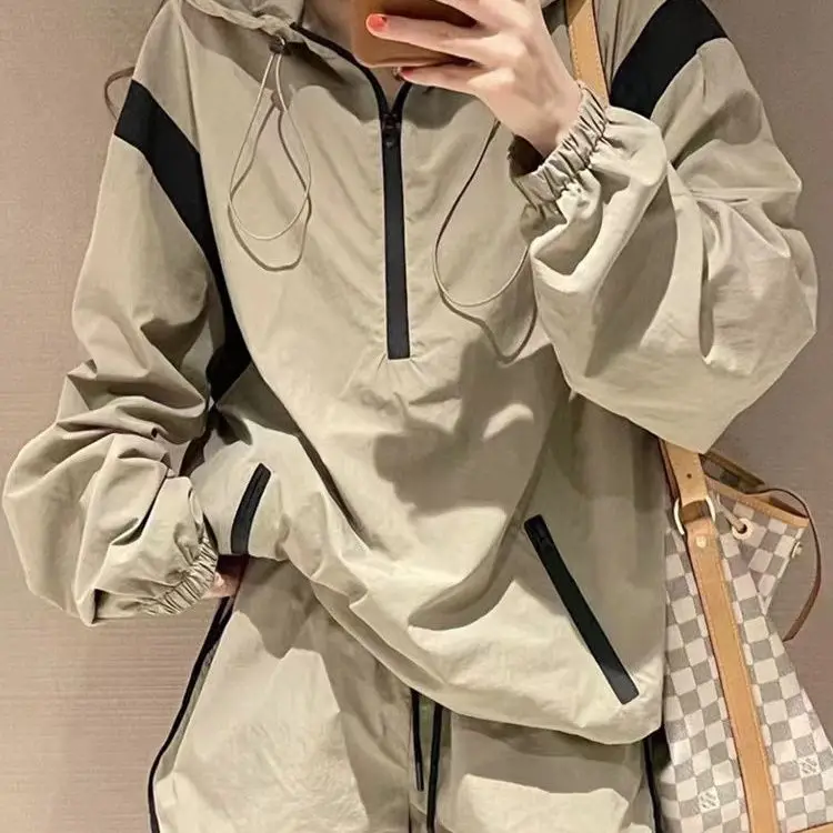 Two Piece Set 2024 Spring and Autumn Season New Hooded Trendy Fashion Women's Casual Loose Thin Coat Trendy