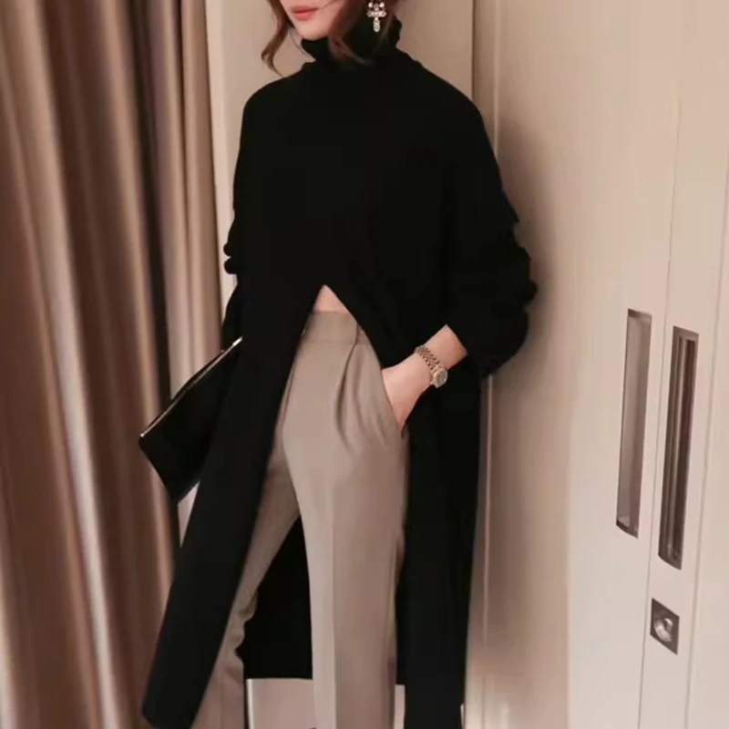 

SuperAen Fashion Turtleneck Split Design Loose Casual Long-sleeved Sweater Dress Female Solid Color Pullover Long Dress