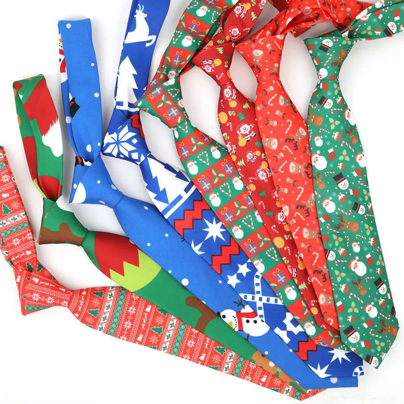 

Trendy Christmas Ties For Men Women Gift Snowman Elk Tree Printed Festival Neckties 7.5CM Width Red Green Cravat Accessories