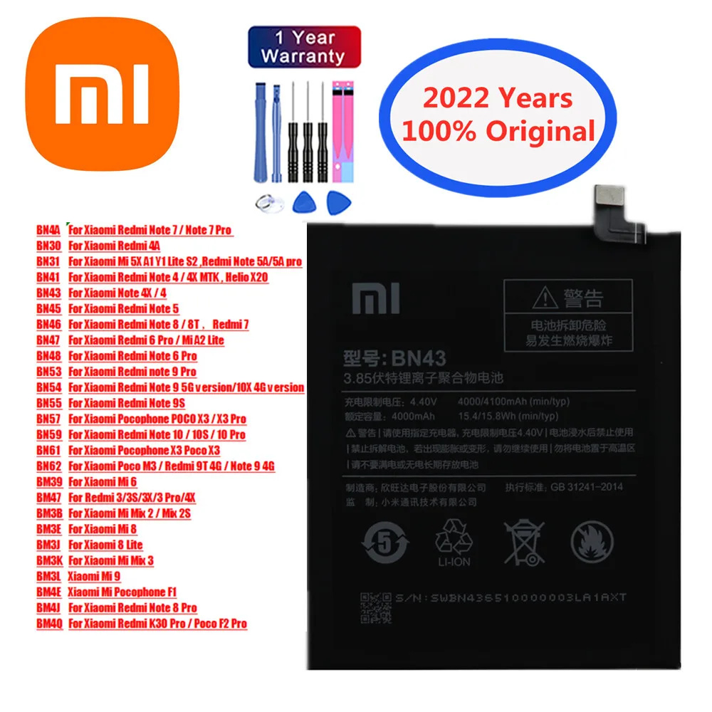 

Original Battery Xiaomi Mi Redmi Note 4 4A 4X 5 5A 5X 6 7 8 8T 9 9S 9T 10 10S 10X K30 A2 3 3S 3X X3 M3 F1 F2 Pro Lite Mix 2 2S 3