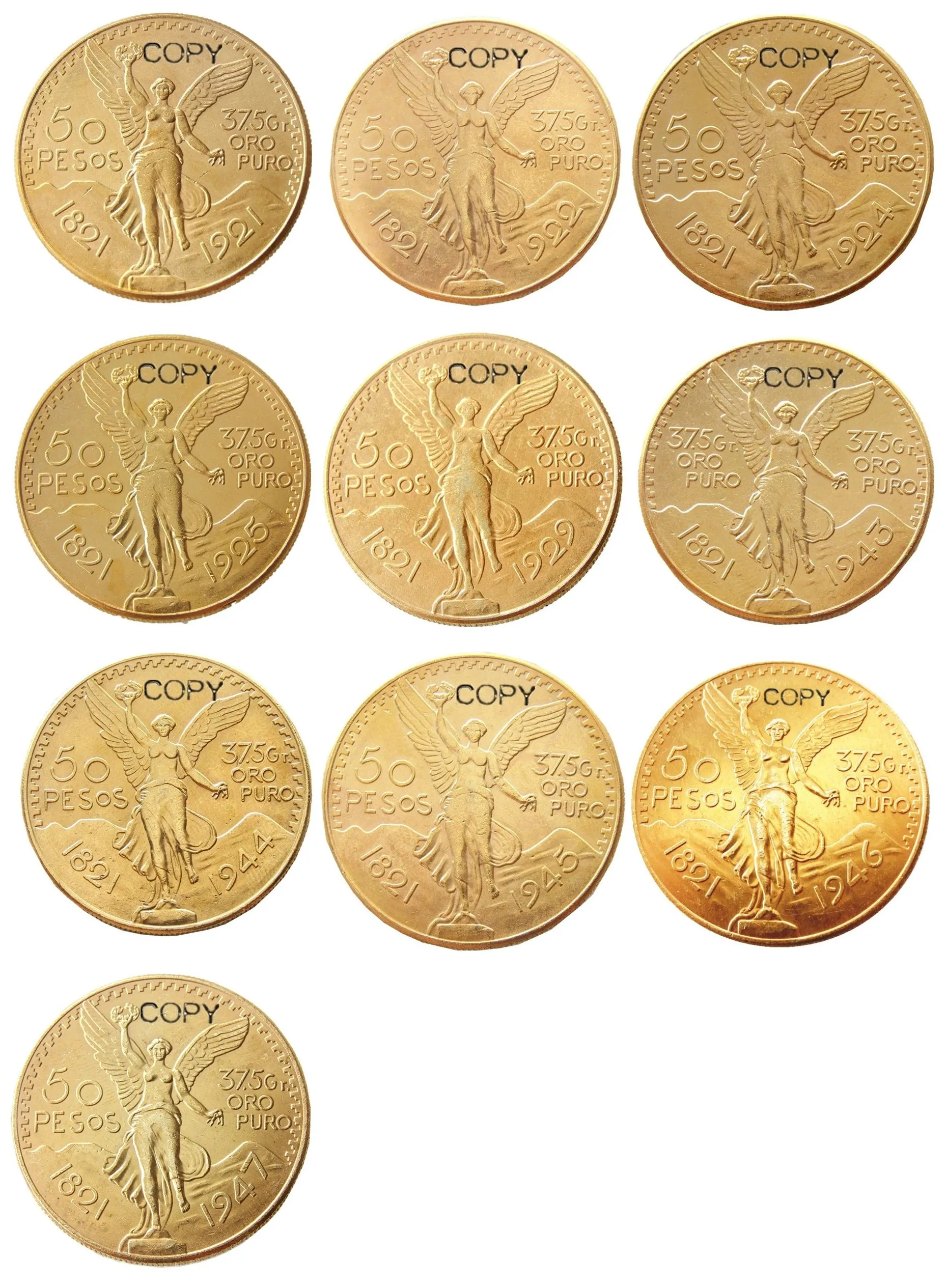 

Набор (1921-1947), 10 шт., мексиканская позолоченная копировальная монета, 50 песо