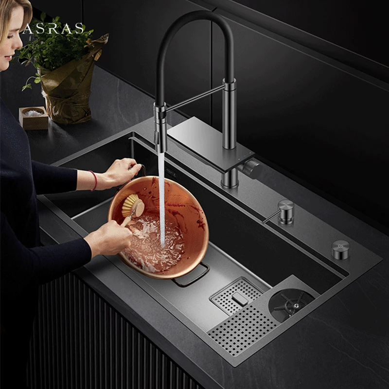 ASRAS New Waterfall Faucet Kitchen Sinks Nanometer Large Size 4mm Panel Handmade Sinks Cup Rinser Kitchen