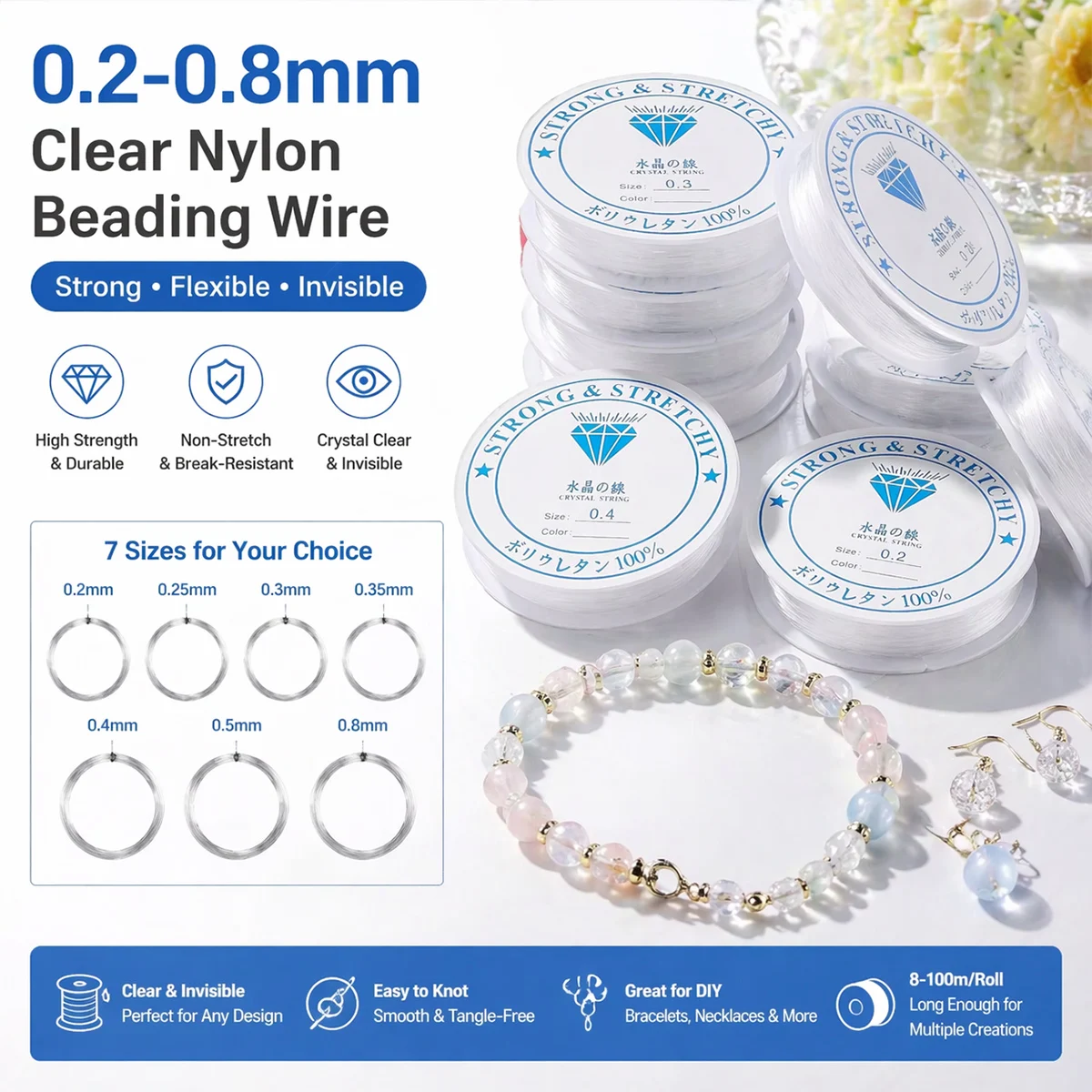 Transparenter Nylonfaden 0.2-0.8mm für Perlen und Schmuckherstellung, starke Schnur zum Basteln von Armbändern, Halsketten und DIY Schmuck, 8-100m Rolle