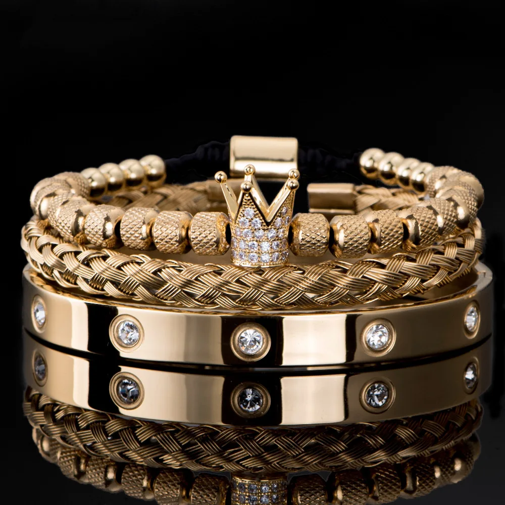 

Trendy Stainless Steel Bracelets for Men Zircon -crown High-end Fashion Roman Letter Beaded Metal Chain Gifts Wholesale