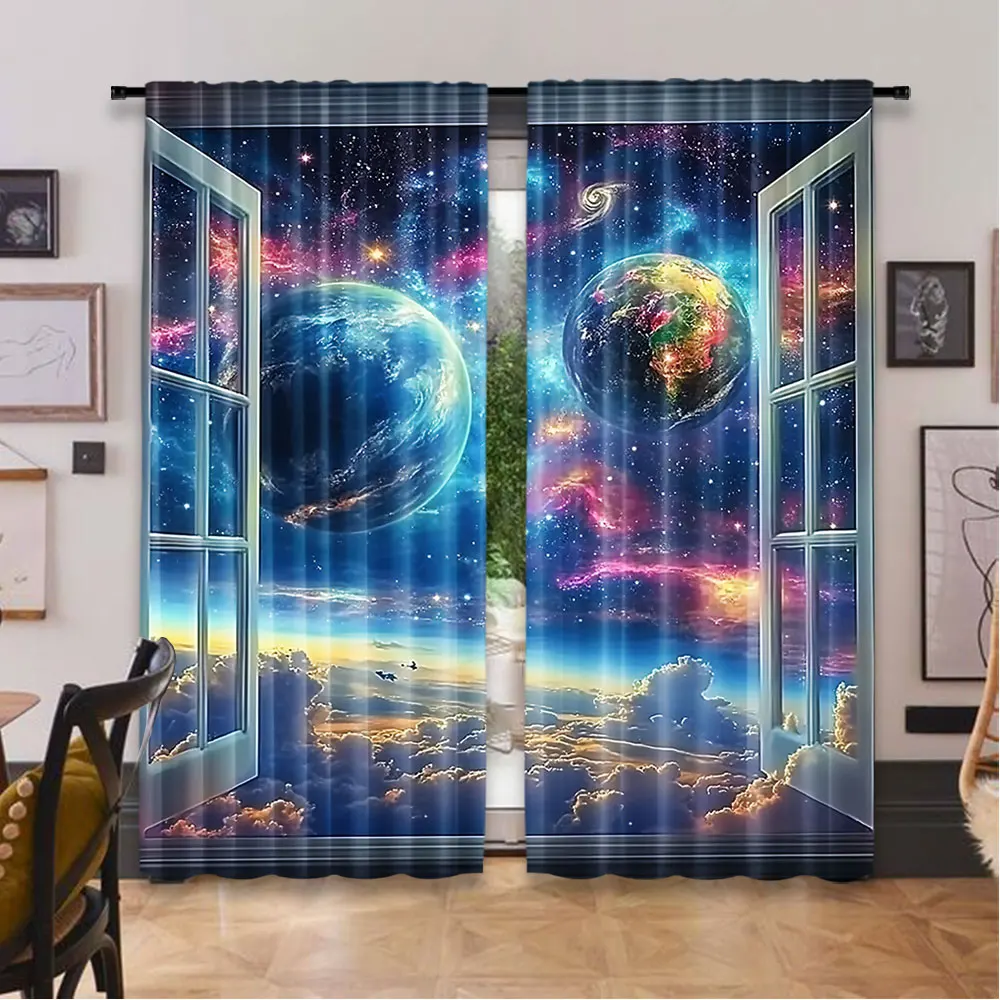 2Pcs Space Galaxy Curtains Universe Nebula Galaxies Solar Planet Suitable For Bedroom Living Room Dining Room And Bathroom 5
