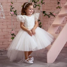 

White Flowers Dresses For Children Hi-Lo With Applique Princess Wedding Gown Kids O Neck Sheer Sleeveless Zipper Back 2022