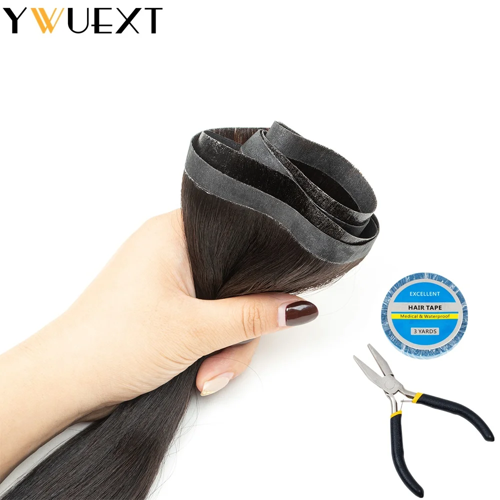 Light Yaki Straight Tape Weft Human Hair Extensions 40-50g Long Invisible Hair Bundles Natural Black PU Skin Weft Remy