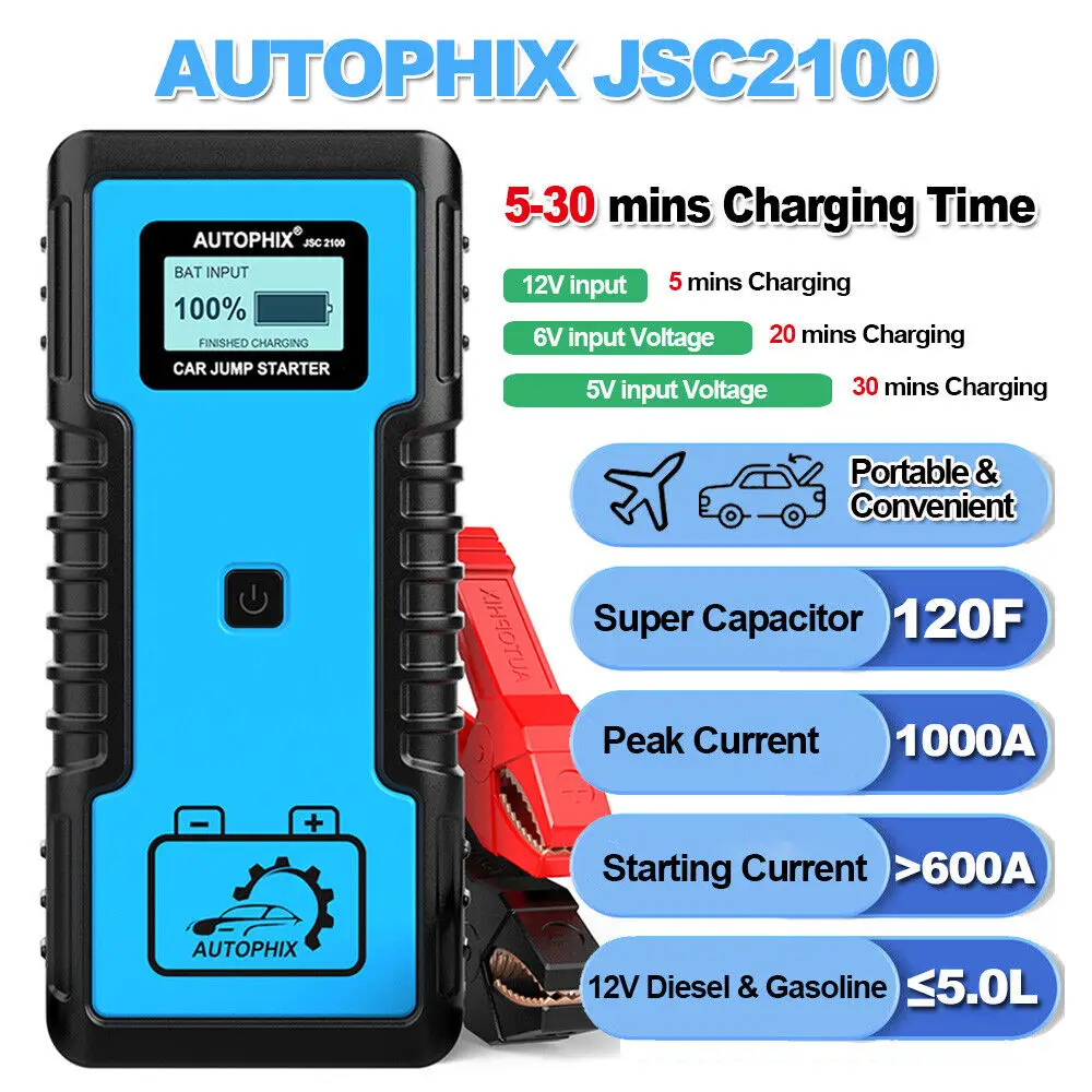 

Autophix JSC2100 Car Jump Starter Portable Super Capacitor 120F 12V Batteryless Car Booster Battery Charger Power Bank 1000A