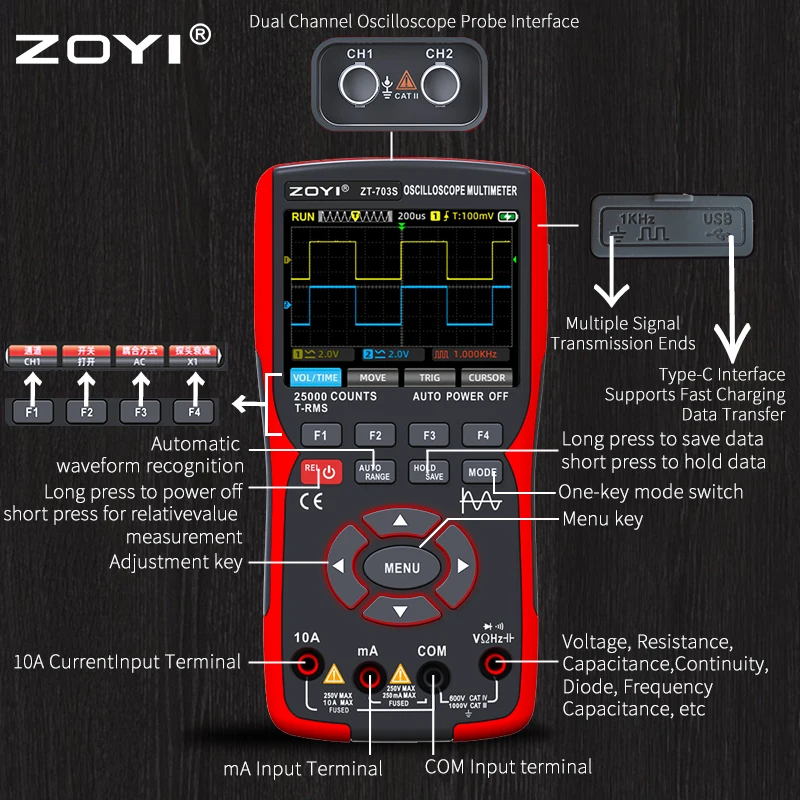 ZOYI Two-channel oscilloscope ZT-703S multifunction signal generator 3-in-1 high-precision electrician 3
