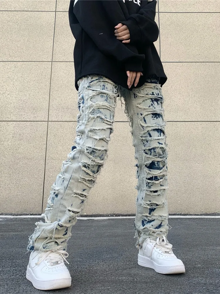 2023 Y2K Streetwear Slim Fit Stacked Jeans Pants Men Patchwork Hip Hop Straight Denim Trousers