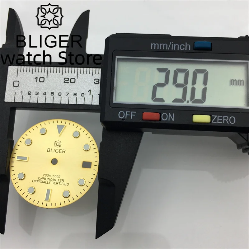 BLIGER 29MM gold rose gold dial suitable for NH35 movement 3 word date blue luminous