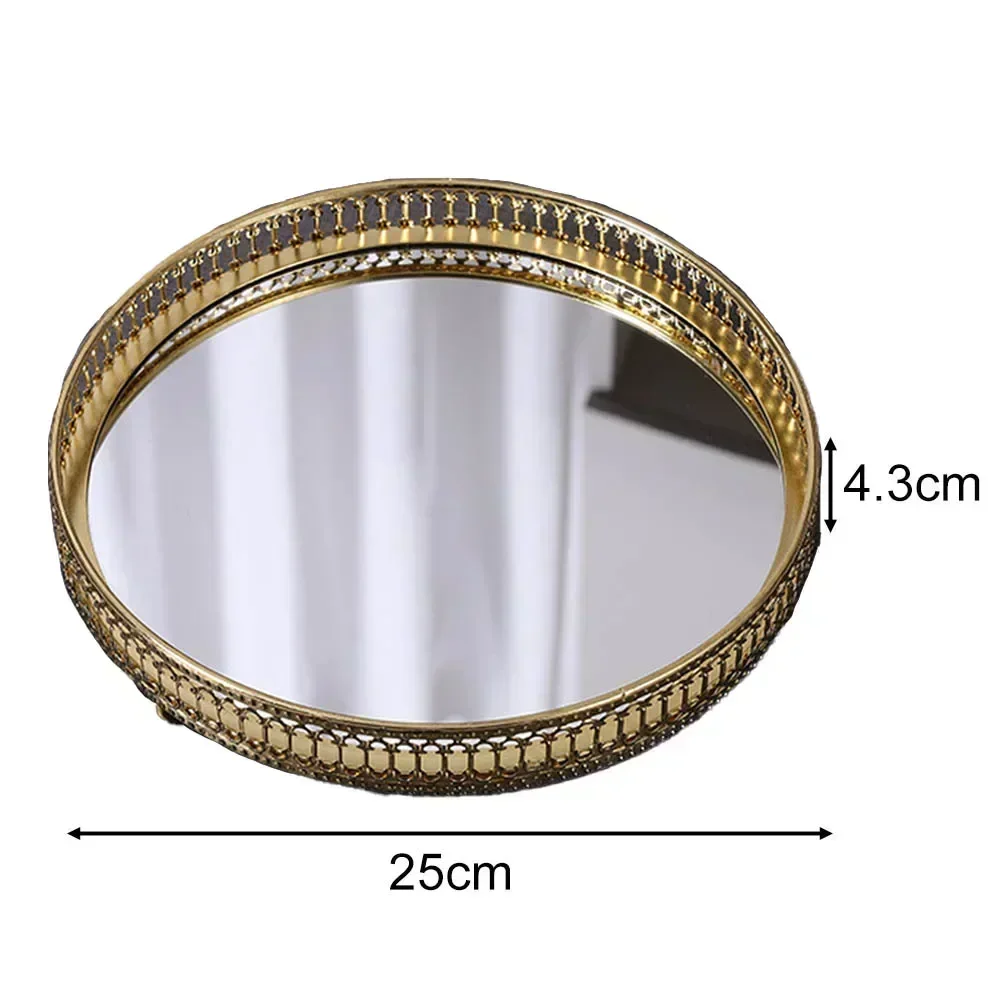 Vintage European mirror glass metal storage tray gold rectangle/round fruit plate desktop small items jewelry display tray plate